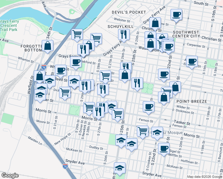map of restaurants, bars, coffee shops, grocery stores, and more near in Philadelphia