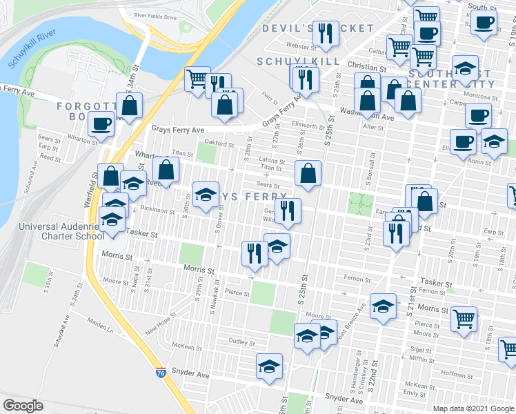 map of restaurants, bars, coffee shops, grocery stores, and more near 2654 Earp Street in Philadelphia