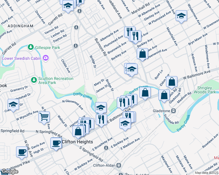 map of restaurants, bars, coffee shops, grocery stores, and more near 3837 James Street in Drexel Hill