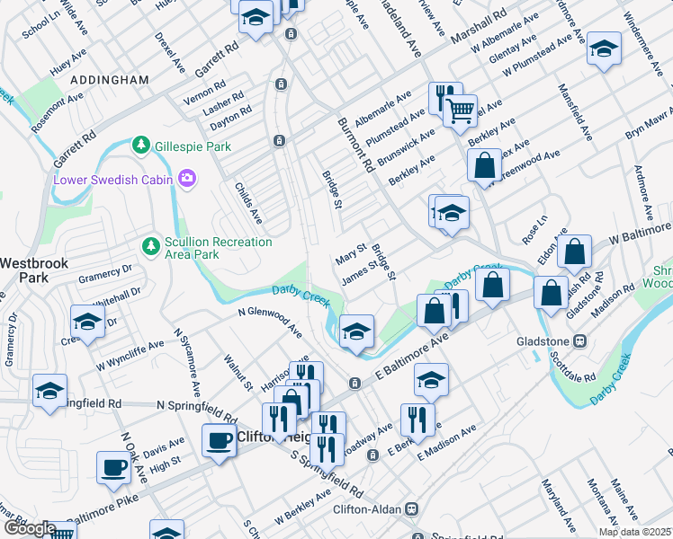 map of restaurants, bars, coffee shops, grocery stores, and more near 3943 Mary Street in Drexel Hill