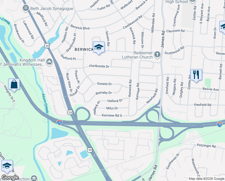 map of restaurants, bars, coffee shops, grocery stores, and more near 2673 Sonata Drive in Columbus