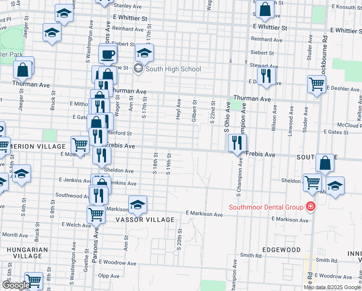 map of restaurants, bars, coffee shops, grocery stores, and more near 680 Hanford Street in Columbus