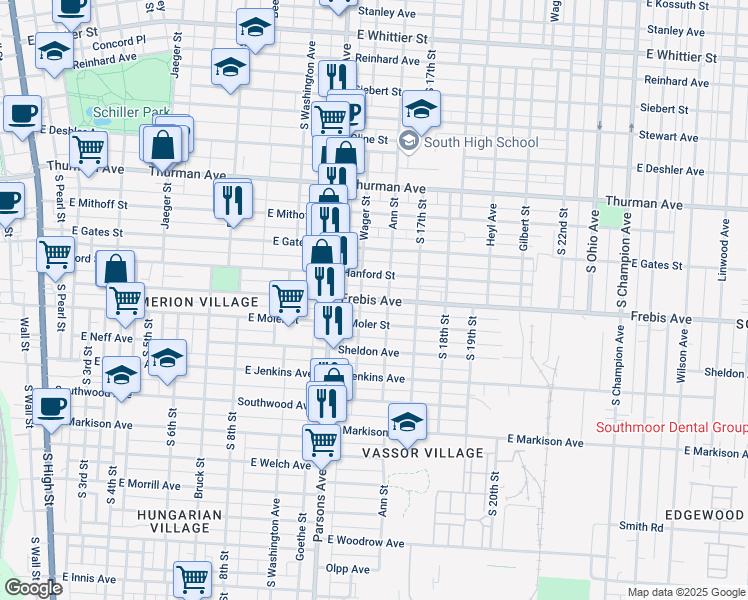 map of restaurants, bars, coffee shops, grocery stores, and more near 517 Hanford Street in Columbus