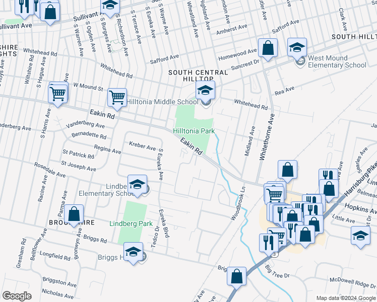 map of restaurants, bars, coffee shops, grocery stores, and more near 2413 Eakin Road in Columbus
