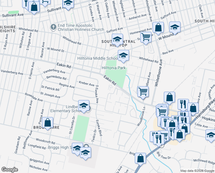 map of restaurants, bars, coffee shops, grocery stores, and more near 2435 Eakin Road in Columbus