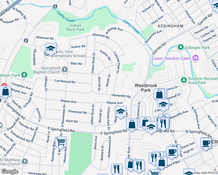map of restaurants, bars, coffee shops, grocery stores, and more near 221 Welsh Drive in Springfield