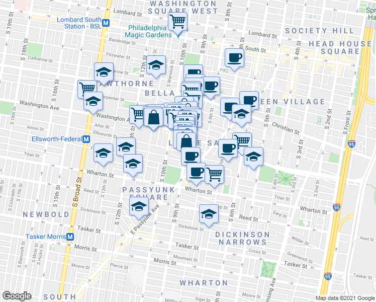map of restaurants, bars, coffee shops, grocery stores, and more near 1135 South 9th Street in Philadelphia