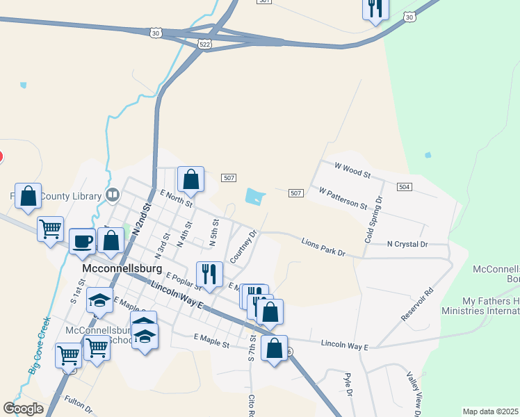 map of restaurants, bars, coffee shops, grocery stores, and more near 323 Lions Park Drive in McConnellsburg