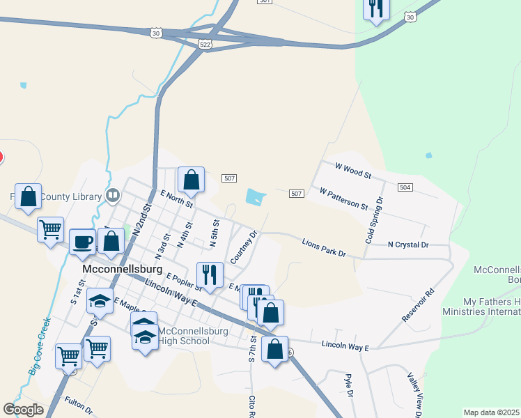 map of restaurants, bars, coffee shops, grocery stores, and more near 323 Lions Park Drive in McConnellsburg