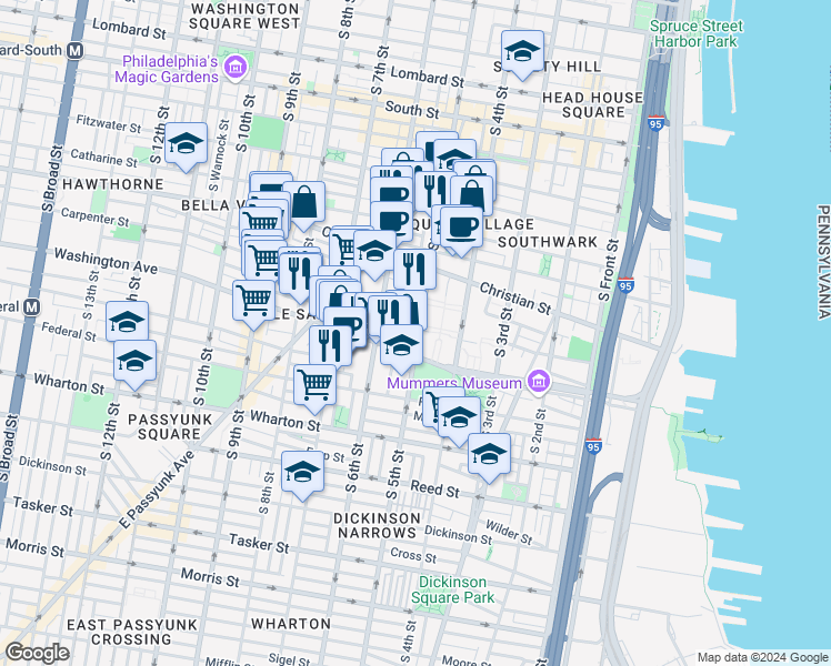 map of restaurants, bars, coffee shops, grocery stores, and more near 1024 South 5th Street in Philadelphia