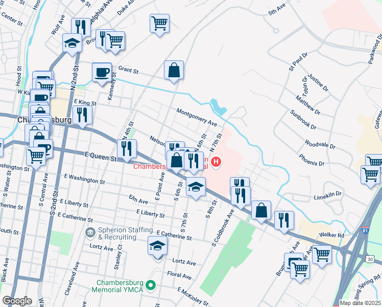 map of restaurants, bars, coffee shops, grocery stores, and more near 111 North 6th Street in Chambersburg