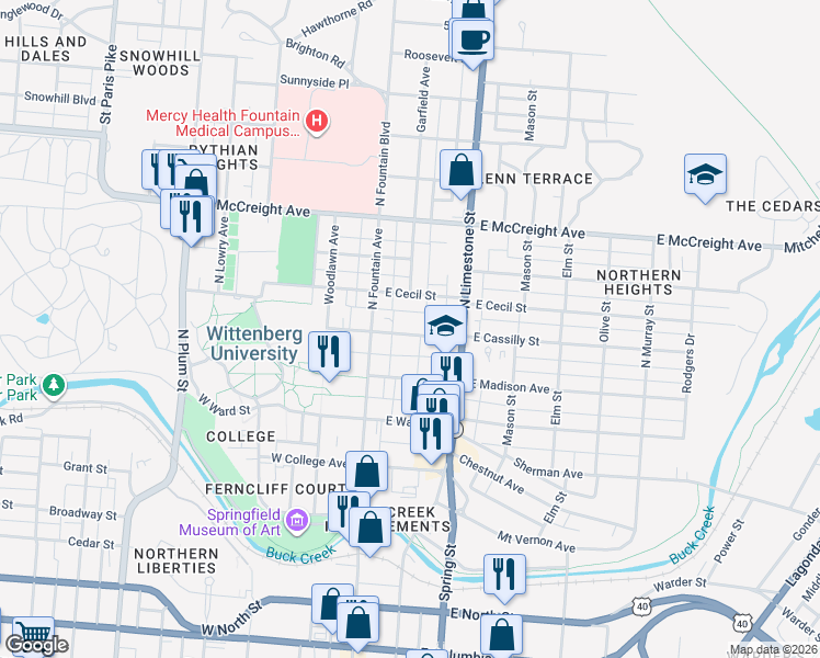 map of restaurants, bars, coffee shops, grocery stores, and more near 38 East Cassilly Street in Springfield