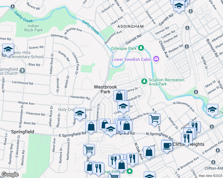 map of restaurants, bars, coffee shops, grocery stores, and more near 5241 Palmer Mill Road in Clifton Heights
