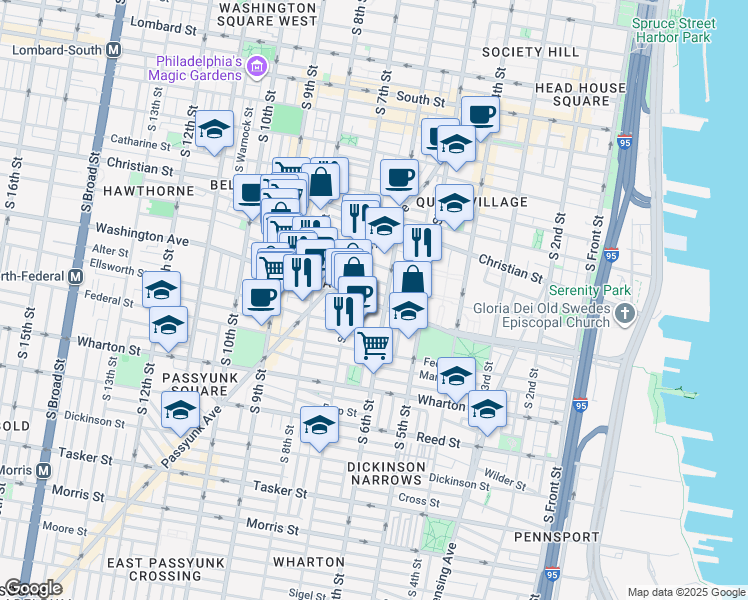 map of restaurants, bars, coffee shops, grocery stores, and more near 617 Washington Avenue in Philadelphia