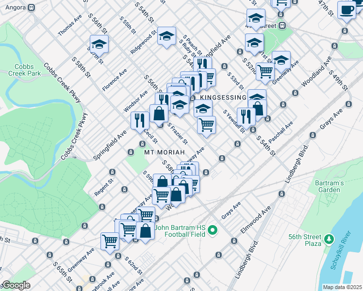 map of restaurants, bars, coffee shops, grocery stores, and more near 2017 South 57th Street in Philadelphia