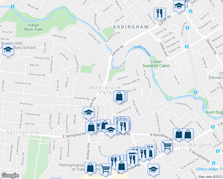 map of restaurants, bars, coffee shops, grocery stores, and more near 5241 Palmer Mill Road in Clifton Heights