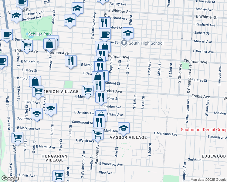 map of restaurants, bars, coffee shops, grocery stores, and more near 517 Hanford Street in Columbus