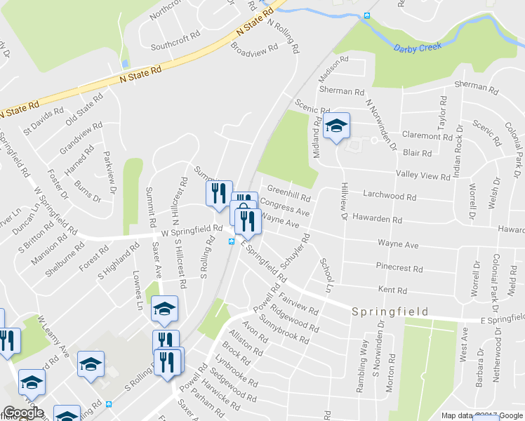 map of restaurants, bars, coffee shops, grocery stores, and more near 23 Wayne Avenue in Springfield