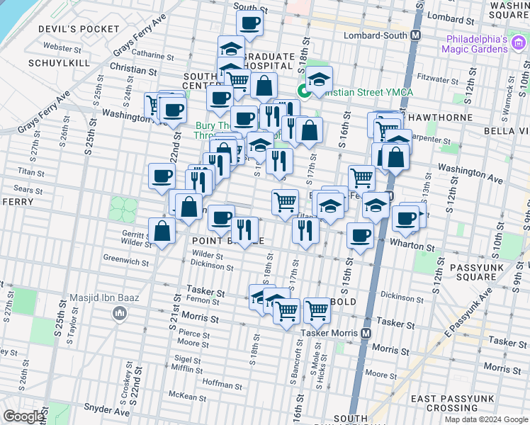 map of restaurants, bars, coffee shops, grocery stores, and more near 1822 Titan Street in Philadelphia