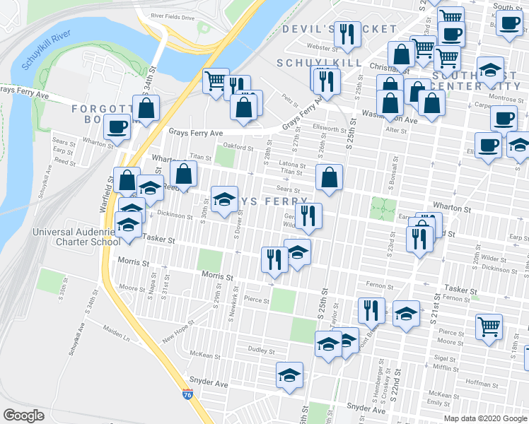 map of restaurants, bars, coffee shops, grocery stores, and more near 1416 South Marston Street in Philadelphia