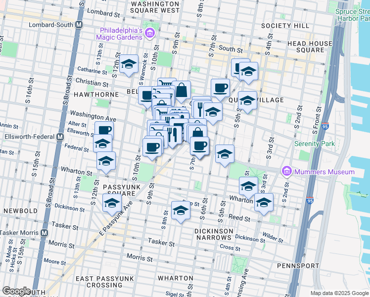 map of restaurants, bars, coffee shops, grocery stores, and more near 1107 East Passyunk Avenue in Philadelphia