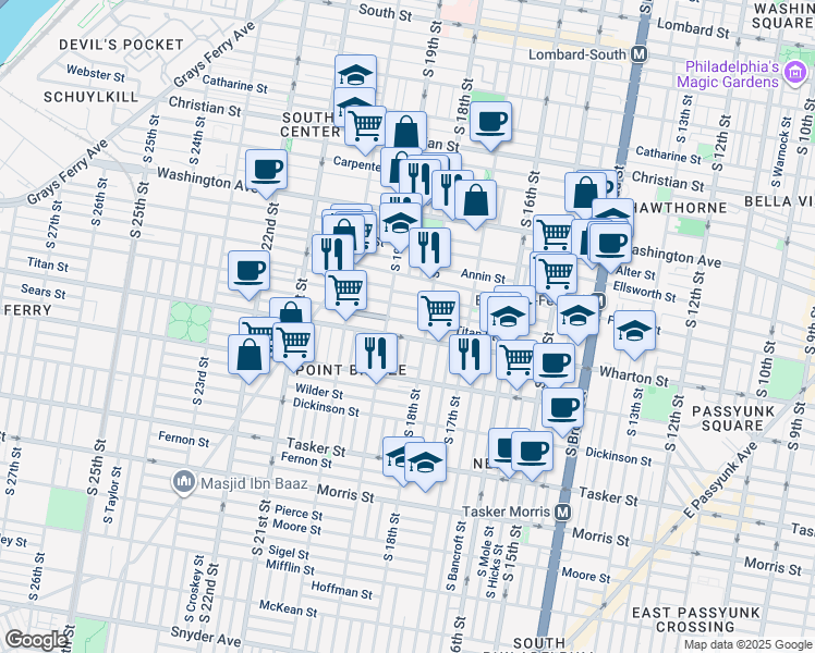 map of restaurants, bars, coffee shops, grocery stores, and more near 1822 Titan Street in Philadelphia