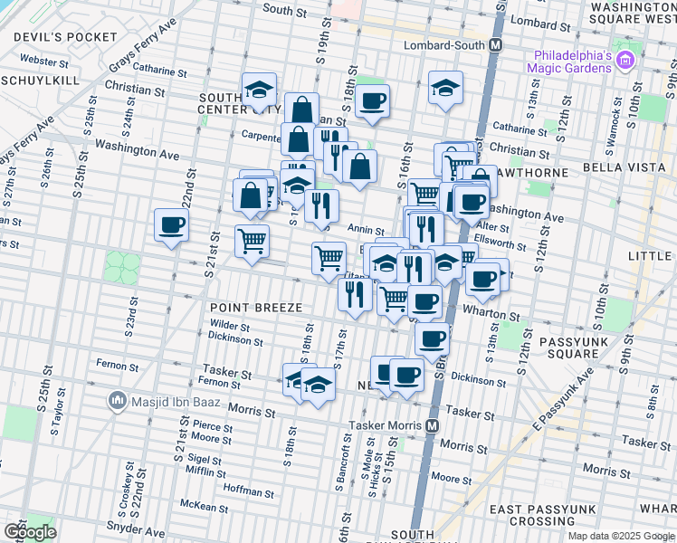 map of restaurants, bars, coffee shops, grocery stores, and more near 1711 Titan Street in Philadelphia