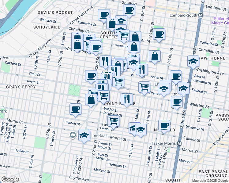 map of restaurants, bars, coffee shops, grocery stores, and more near 1300 South Woodstock Street in Philadelphia