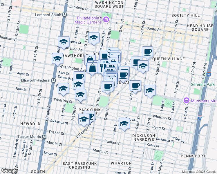 map of restaurants, bars, coffee shops, grocery stores, and more near 907 Ellsworth Street in Philadelphia