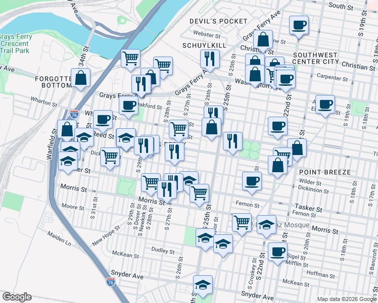 map of restaurants, bars, coffee shops, grocery stores, and more near in Philadelphia