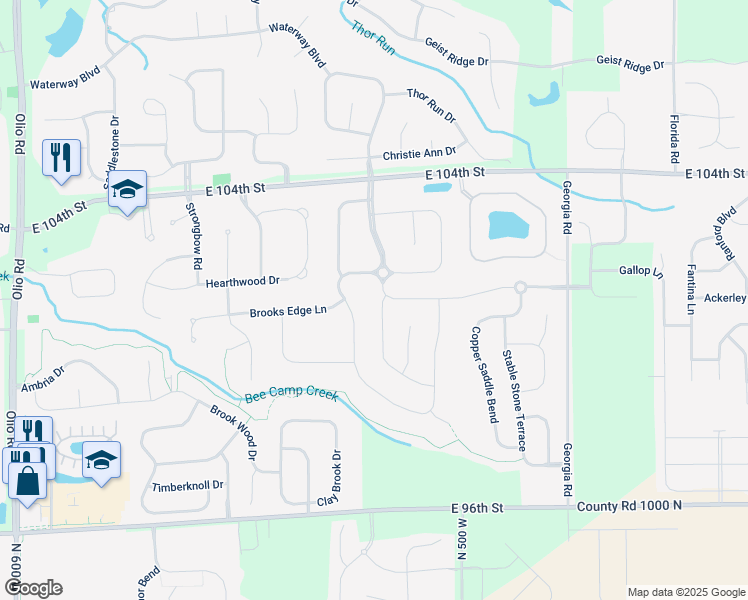 map of restaurants, bars, coffee shops, grocery stores, and more near 14543 Copper Springs Way in Fortville