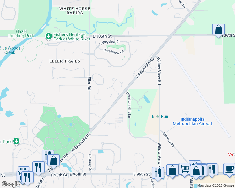 map of restaurants, bars, coffee shops, grocery stores, and more near 10190 Allisonville Road in Fishers