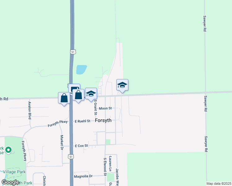 map of restaurants, bars, coffee shops, grocery stores, and more near 101-127 Home Avenue in Forsyth