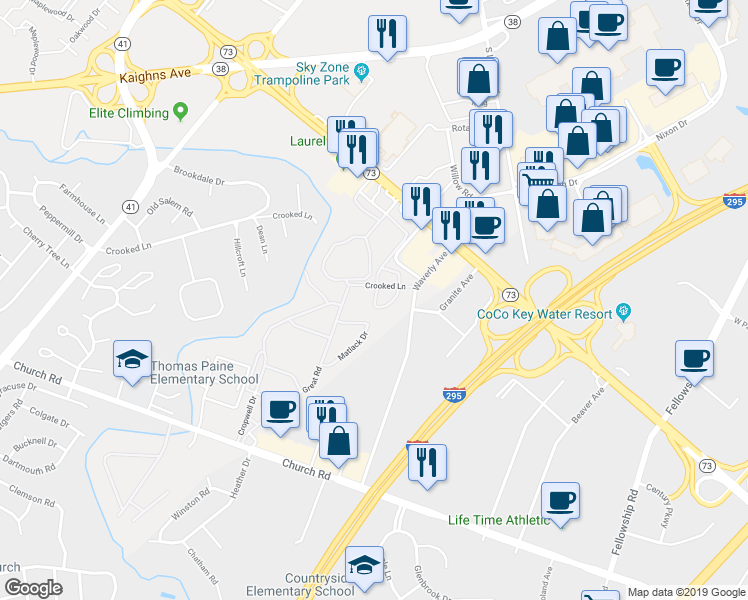 map of restaurants, bars, coffee shops, grocery stores, and more near 46 Village of Stoney Run in Maple Shade Township