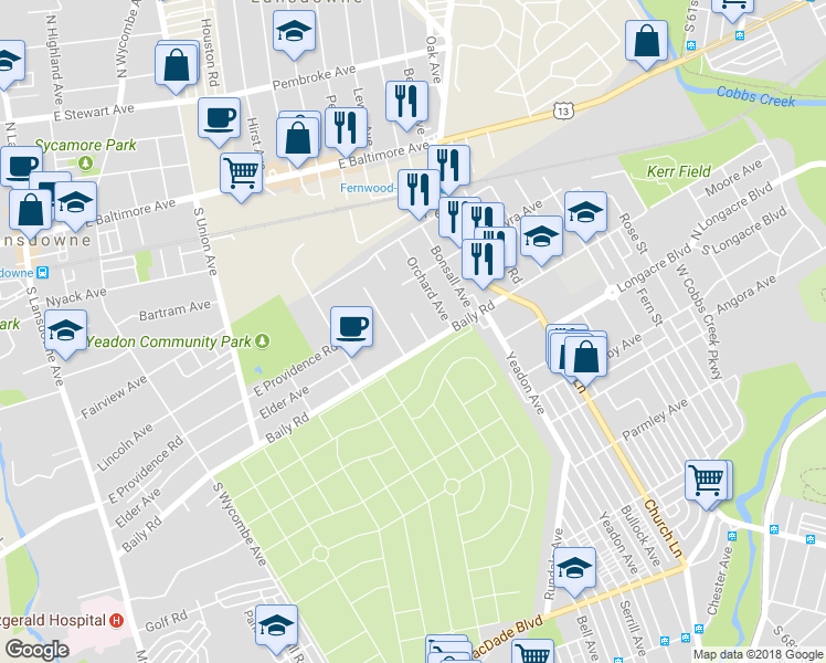 map of restaurants, bars, coffee shops, grocery stores, and more near 540 Brookside Avenue in Yeadon