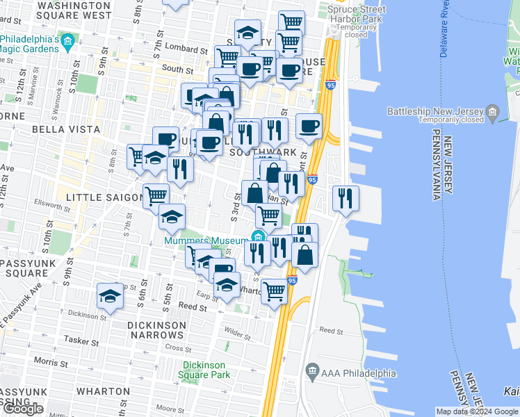 map of restaurants, bars, coffee shops, grocery stores, and more near 924 East Moyamensing Avenue in Philadelphia