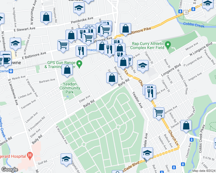 map of restaurants, bars, coffee shops, grocery stores, and more near 540 Brookside Avenue in Yeadon