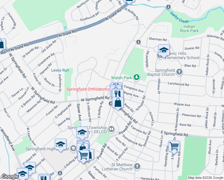 map of restaurants, bars, coffee shops, grocery stores, and more near 39 Windsor Circle in Springfield