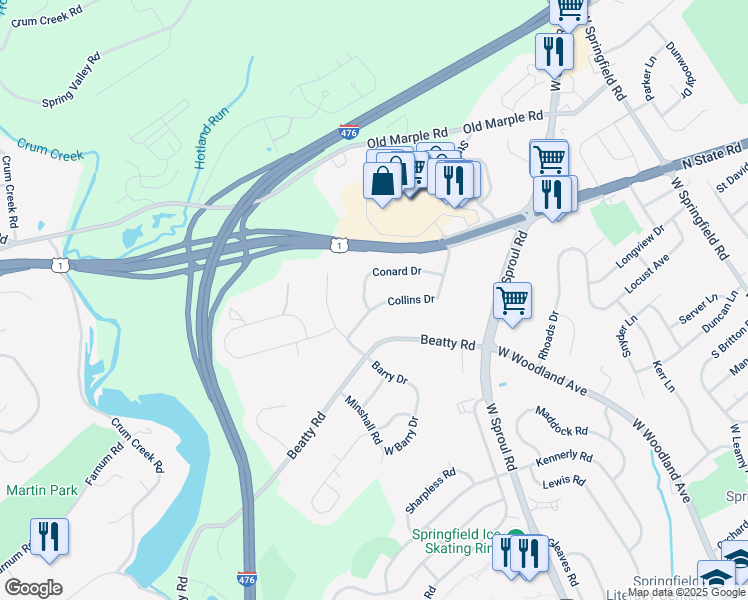 map of restaurants, bars, coffee shops, grocery stores, and more near 462 Collins Drive in Springfield