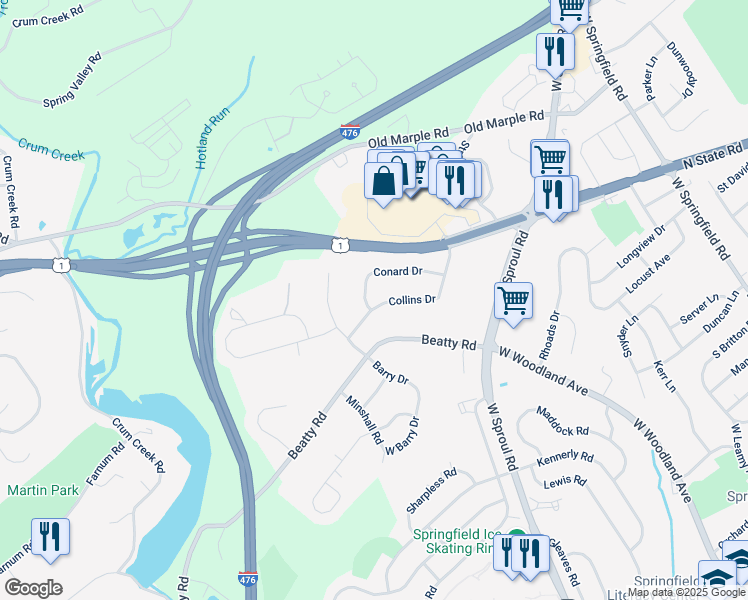 map of restaurants, bars, coffee shops, grocery stores, and more near 462 Collins Drive in Springfield
