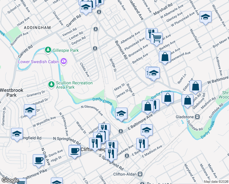 map of restaurants, bars, coffee shops, grocery stores, and more near 3943 Mary Street in Drexel Hill
