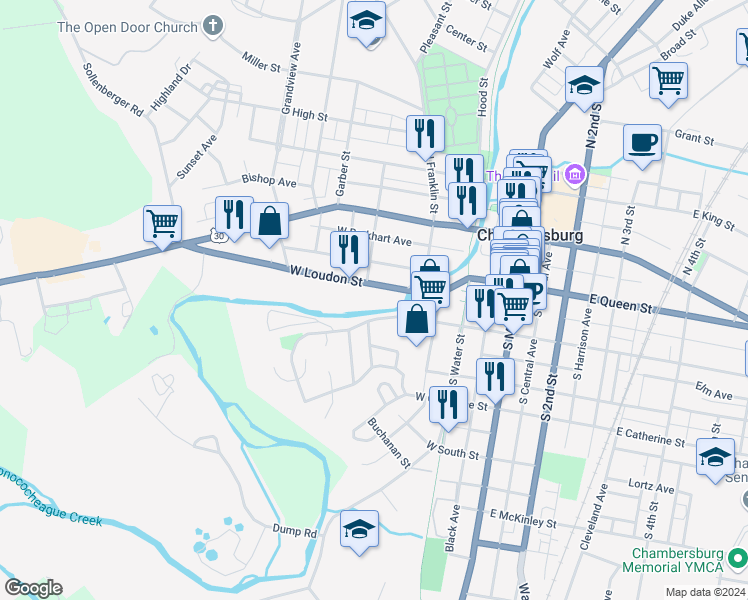 map of restaurants, bars, coffee shops, grocery stores, and more near 362 West Loudon Street in Chambersburg