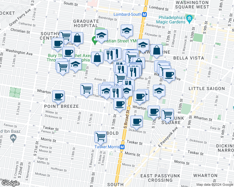map of restaurants, bars, coffee shops, grocery stores, and more near 1218 South 15th Street in Philadelphia