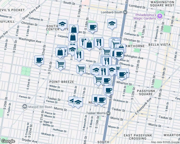 map of restaurants, bars, coffee shops, grocery stores, and more near 1638 Latona Street in Philadelphia