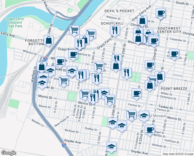 map of restaurants, bars, coffee shops, grocery stores, and more near in Philadelphia