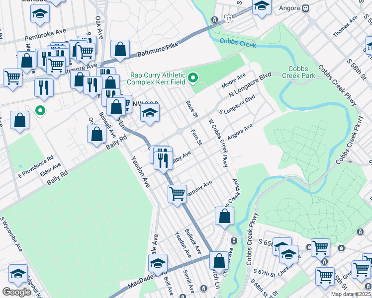 map of restaurants, bars, coffee shops, grocery stores, and more near 670 Cypress Street in Yeadon