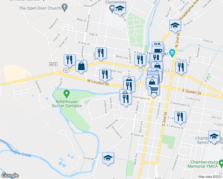 map of restaurants, bars, coffee shops, grocery stores, and more near 364 West Loudon Street in Chambersburg