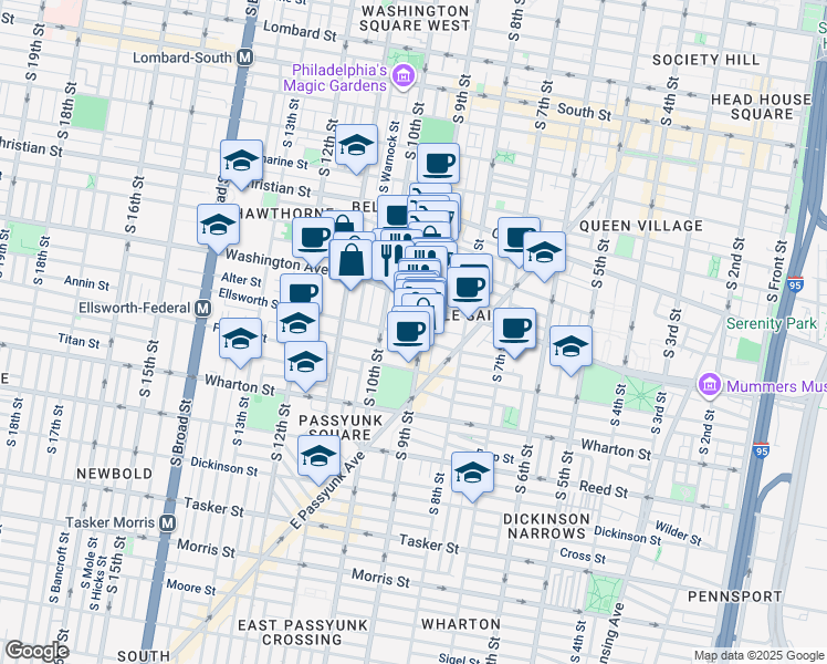 map of restaurants, bars, coffee shops, grocery stores, and more near 907 Ellsworth Street in Philadelphia