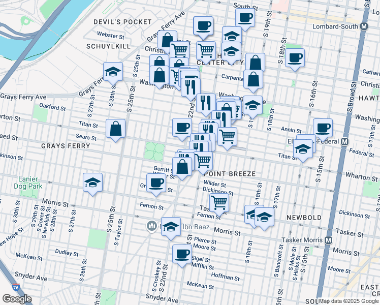 map of restaurants, bars, coffee shops, grocery stores, and more near 2139 Sears Street in Philadelphia