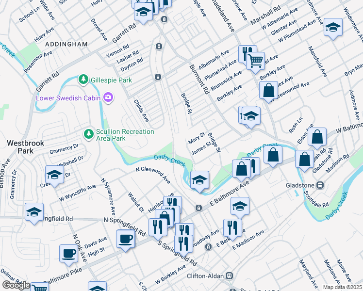 map of restaurants, bars, coffee shops, grocery stores, and more near 68 Blanchard Road in Drexel Hill